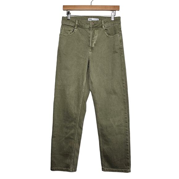 ZARA Women's Military Green Button Fly Hi Rise Jeans Size 4 Straight Ankle Crop - Picture 2 of 10